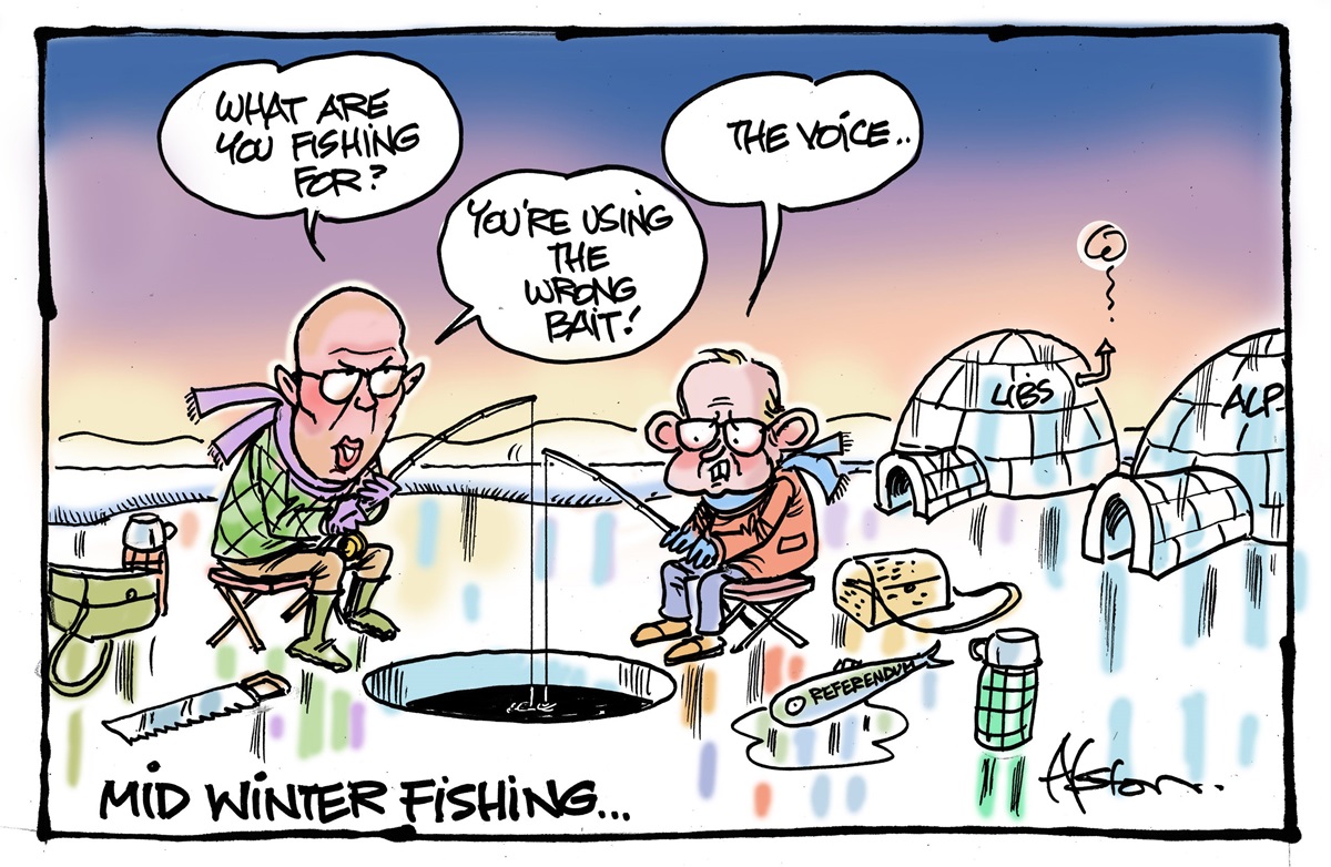 Peter Dutton and Anthony Albanese fish at an ice hole. Albanese says that he is fishing for 'the Voice', Dutton says, 'You're using the wrong bait!'