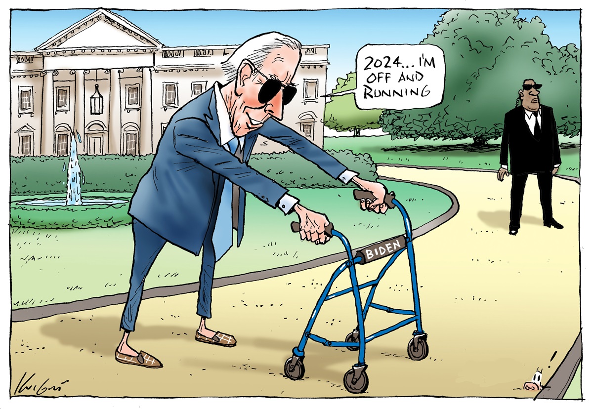 Joe Biden stands in front of The White House, holding himself up with a walking frame. He says, '2024... I'm off and running'. A secret service agent in black stands nearby.