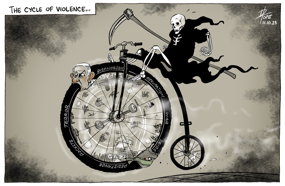 Death as the Grim Reaper falls backward from a penny-farthing bicycle. The bike wheel has depictions of Israeli and Hamas leaders, and the words 'dispossession, occupation, war, siege, resistance, rockets and terror'.