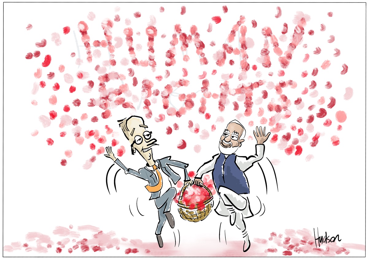 Anthony Albanese and Narendra Modi skip together holding a basket of red dots. The red dots are scattered in the air to spell the words 'human rights'.