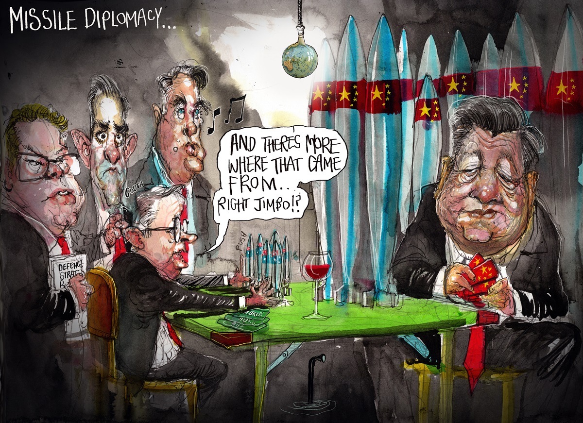 Across a table from Xi Jinping, flanked with a wall of large missiles, four men, including Anthony Albanese, sit with a handful of small missiles. Albanese says, 'And there's more where that came from... right Jimbo?'