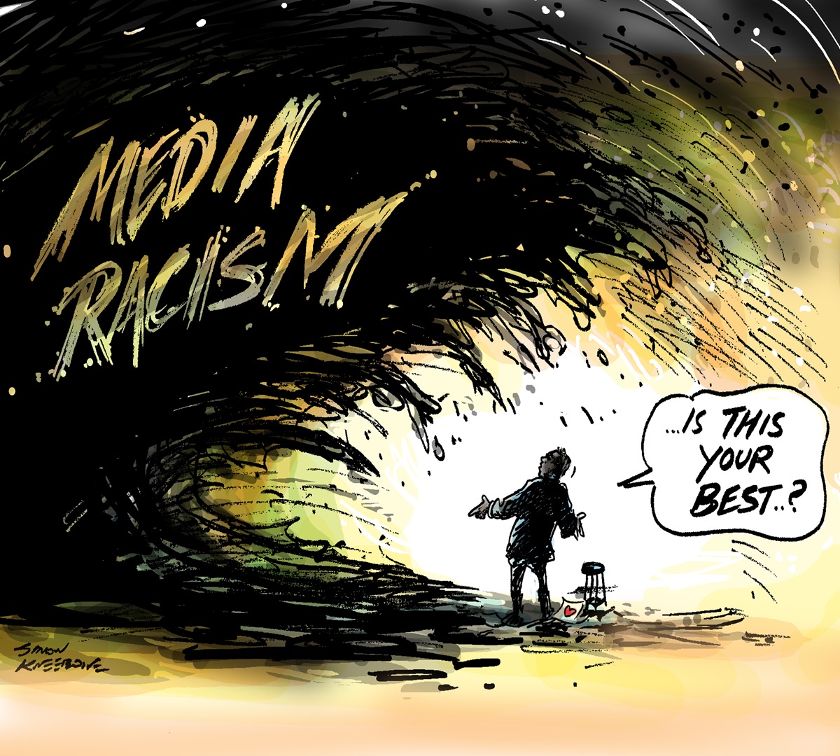 A black wave labelled 'Media racism' overshadows a small silhouette of a person who asks, '...is this your best..?'