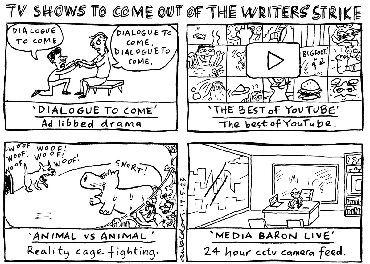 Four panels: two people saying the phrase 'dialogue to come'; a collage of the 'Best of YouTube'; two animals fighting in an arena; a man sitting at a desk entitled 'Media Baron Live'.