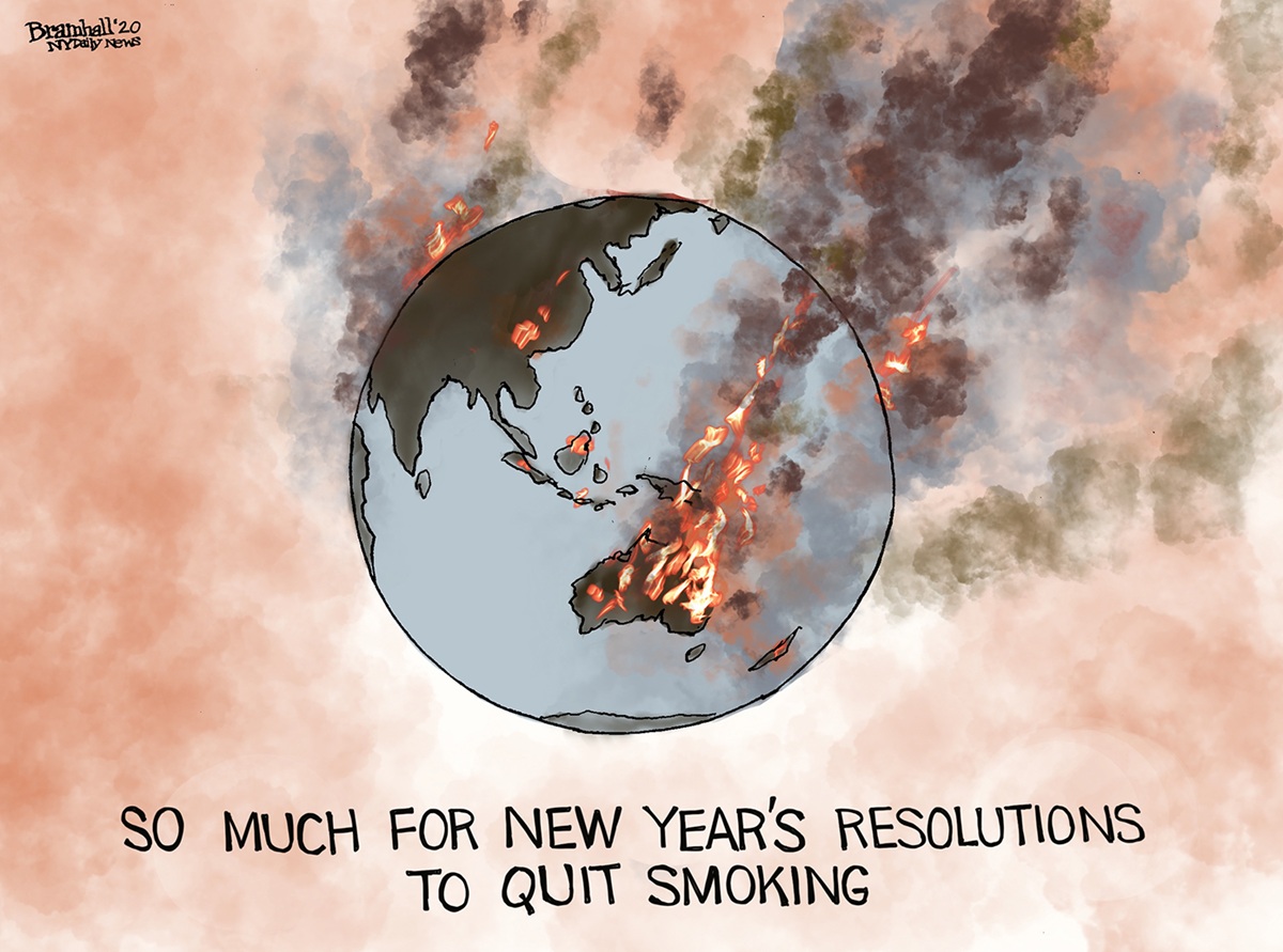 Underneath the Earth, where fires are blazing in Australia and other areas, text reads, 'So much for new year's resolutions to quit smoking'.