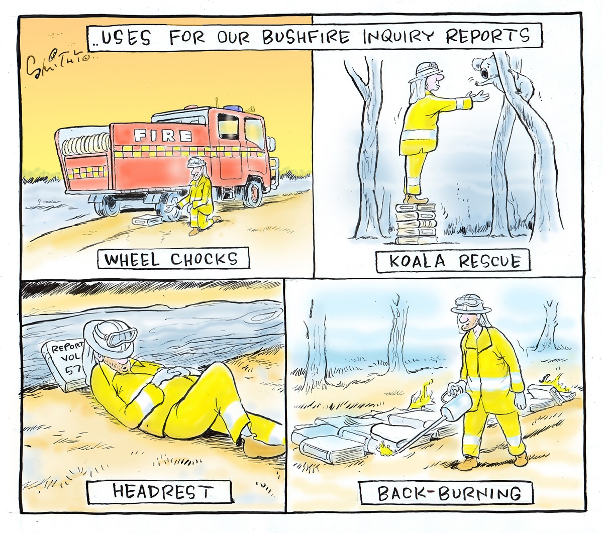 Four panels showing alternate ways firefighters can use bushfire inquiry reports: a headrest, wheel chocks for a fire engine, to stand on to rescue koalas, for backburning.