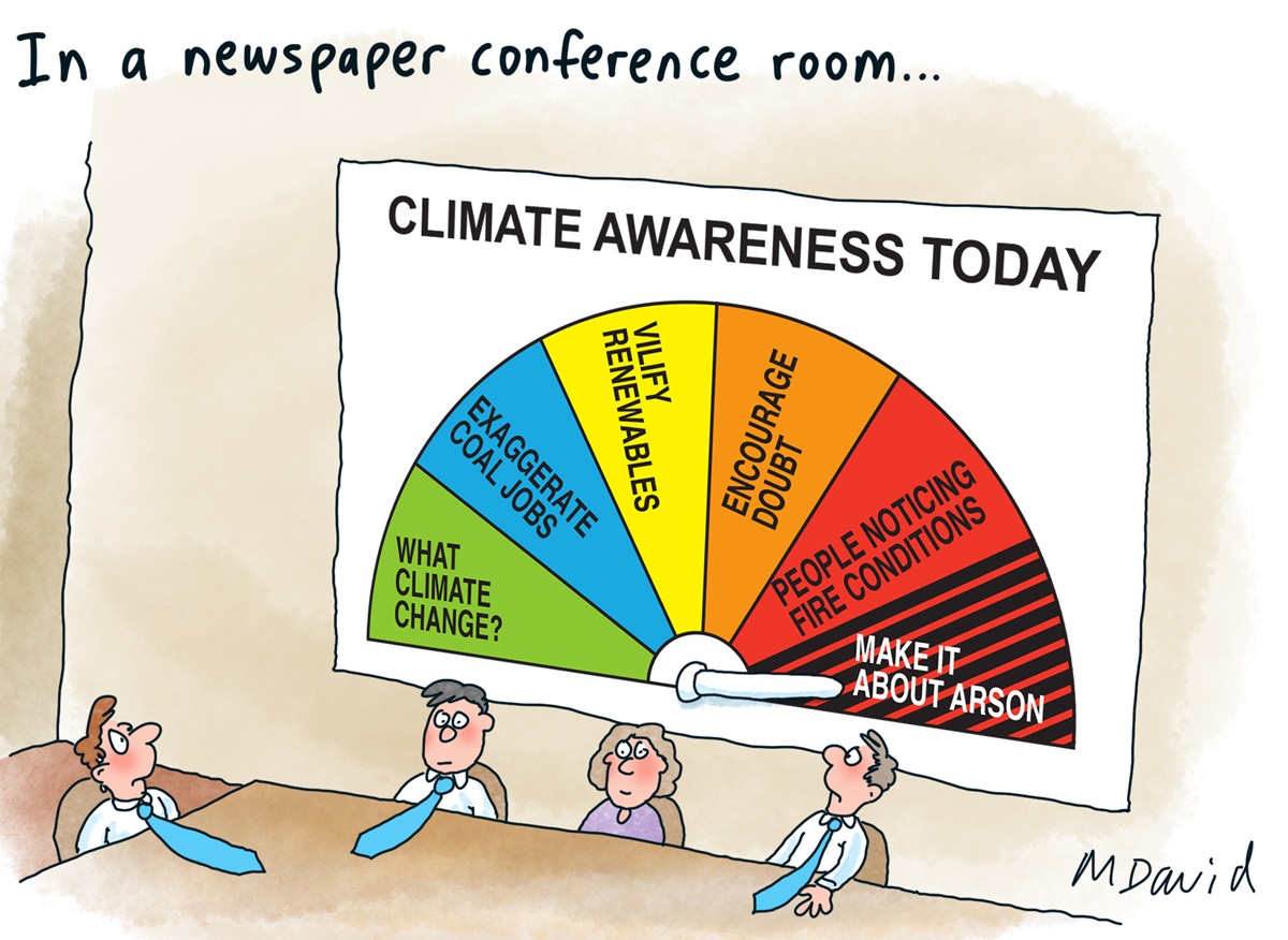 'Four people sit in a 'newspaper conference room'. On the wall is 'Climate awareness today' styled as the fire danger ratings. Arrow points to the highest danger rating called 'Make it about arson'. 