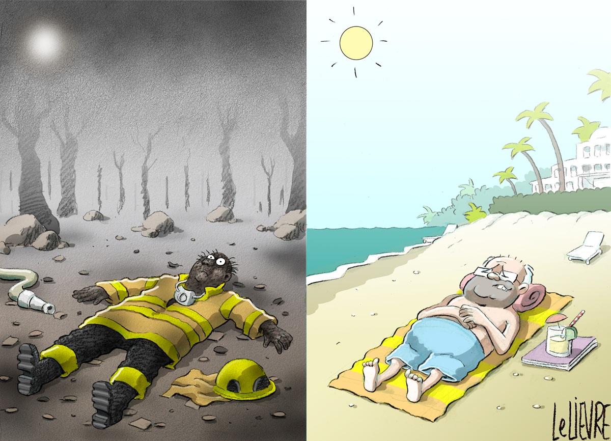 Two panels. Left panel a fireman in a scorched forest lies on the ground covered in soot. Right panel Scott Morrison relaxes on a beach.