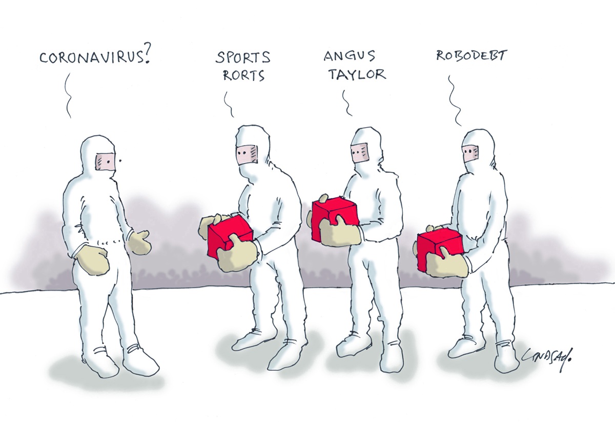 Four men in hazmat suits, three are holding red boxes. The man without a box asks, 'Coronavirus?' The labels for the boxes are: 'sports rorts', 'Angus Taylor' and 'Robodebt'.