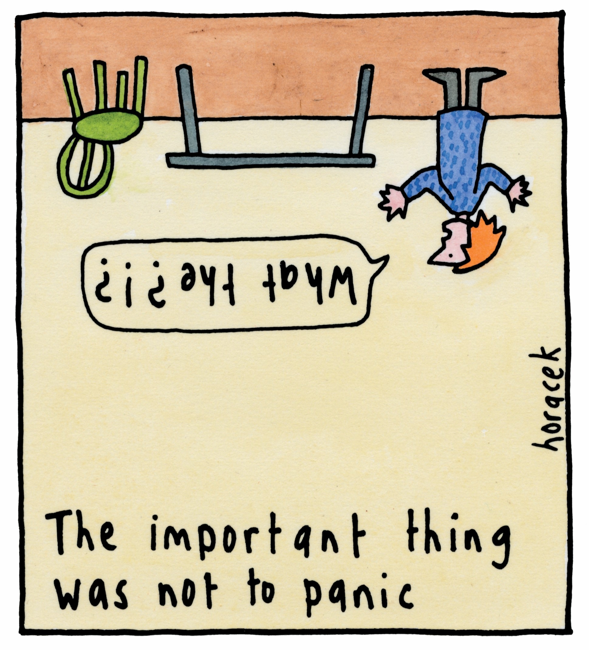 A person, chair and table are upside down at the top of the frame. Text below reads: 'The important thing was not to panic.'