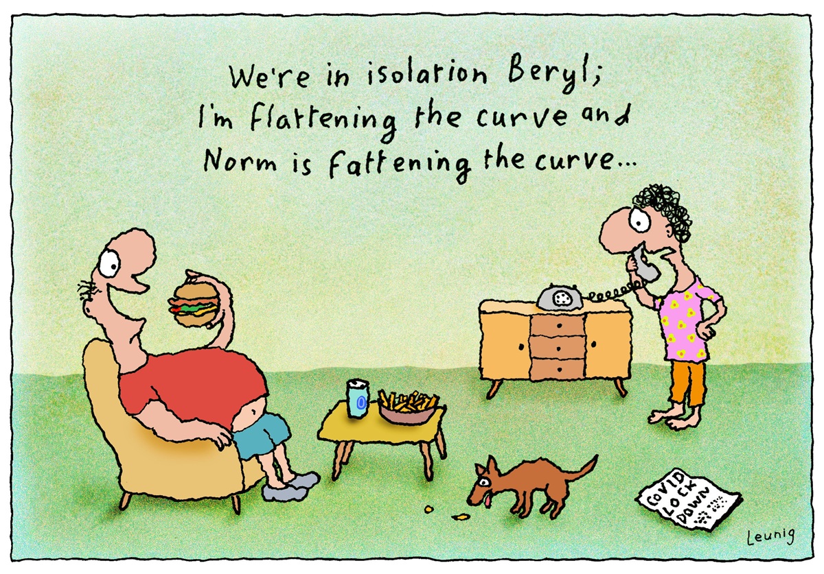 A woman is on the phone saying, 'We're in isolation Beryl; I'm flattening the curve and Norm is fattening the curve...' A man, Norm, sits on a chair eating a burger.