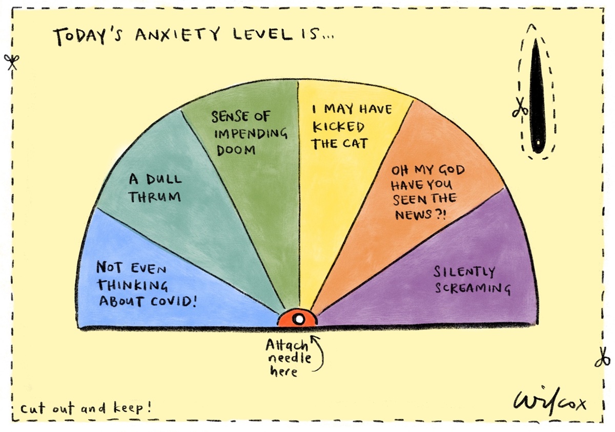 An anxiety meter with varying levels to measure 'Today's anxiety level'. It is styled as a cutout, and suggests attaching the needle to point to where their anxiety level is.