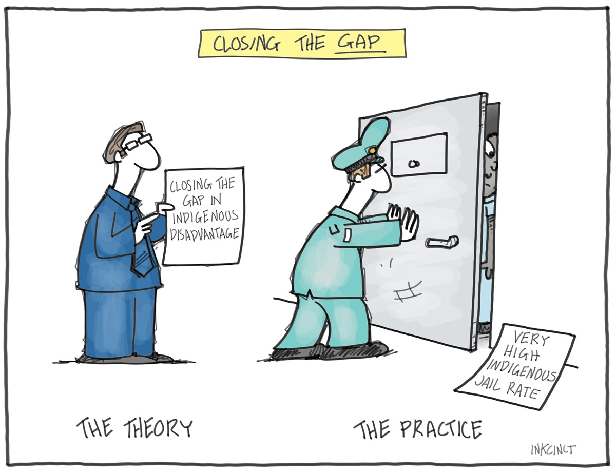 A man holds a piece of paper 'Closing the gap in Indigenous disadvantage'. Text underneath him, 'The theory. Second man closes a jail cell door on an inmate, text underneath him, 'The practice'.