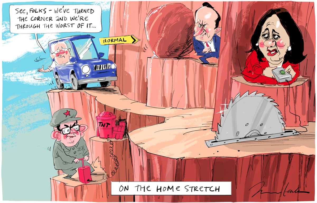 Scott Morrison drives a car on the edge of a cliff saying, 'See, folks - we've turned the corner and we're through the worst of it.' Three Labor premiers wait around corners with items to sabotage his car trip.