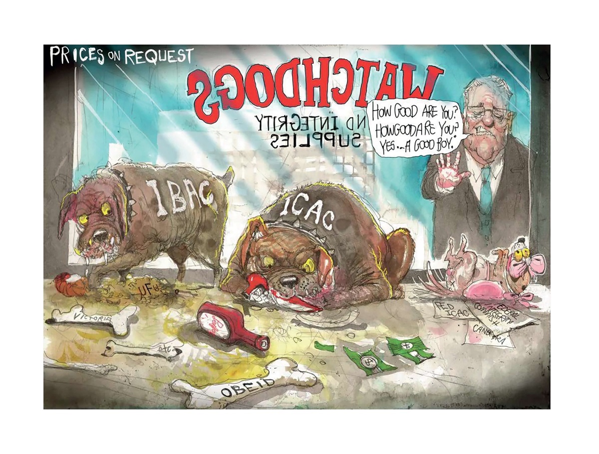 Dog store called 'Watchdogs'. Inside are two big, vicious dogs called IBAC and ICAC. A third small dog lies on a sign that reads, 'Federal integrity commish'. Scott Morrison is outside saying 'good boy' to the small dog.