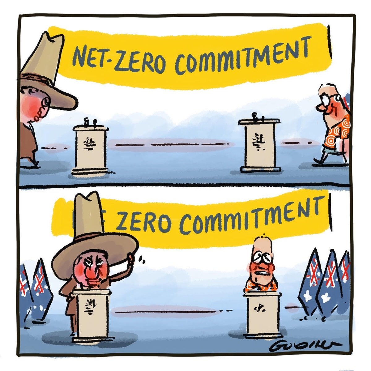 Scott Morrison and Barnaby Joyce at a press conference. A banner in the first panel says 'Net-zero commitment'. The second panel, Joyce has covered the 'net' with his hat.