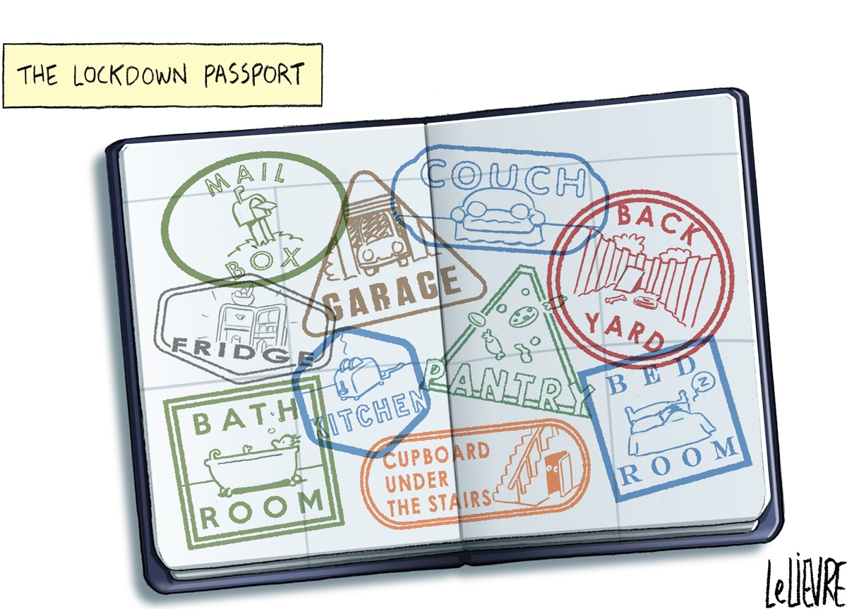 A passport stamped with different rooms in a house.