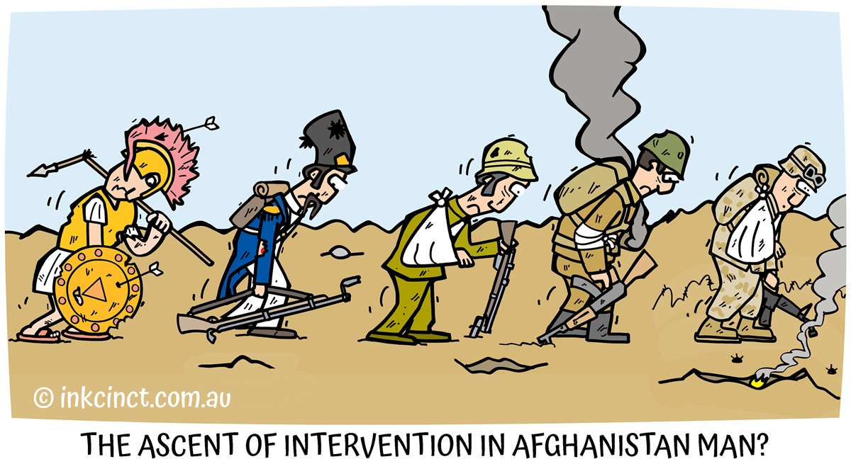 Five different generations of soldiers are worn out and defeated. They are in the same pose. Text reads: 'The ascent of intervention in Afghanistan man?'