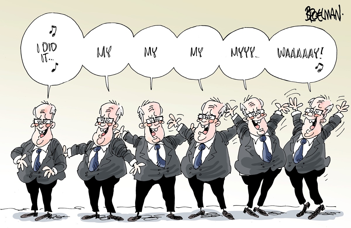 Six images of former Prime Minister Scott Morrison in a row sing 'I did it my way', gradually escalating in excitement. 