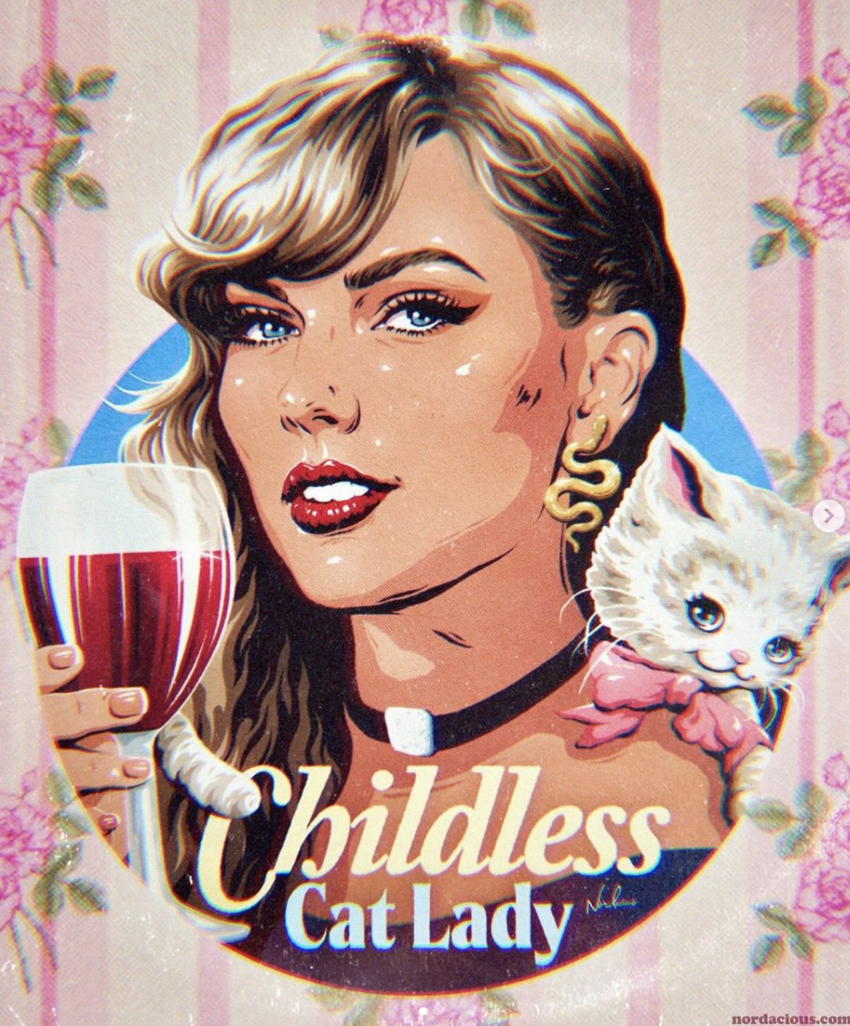 In a vintage-style illustration, singer-songwriter Taylor Swift holds up a wine glass and has a cat on her shoulder. Text reads, 'Childless cat lady.' 