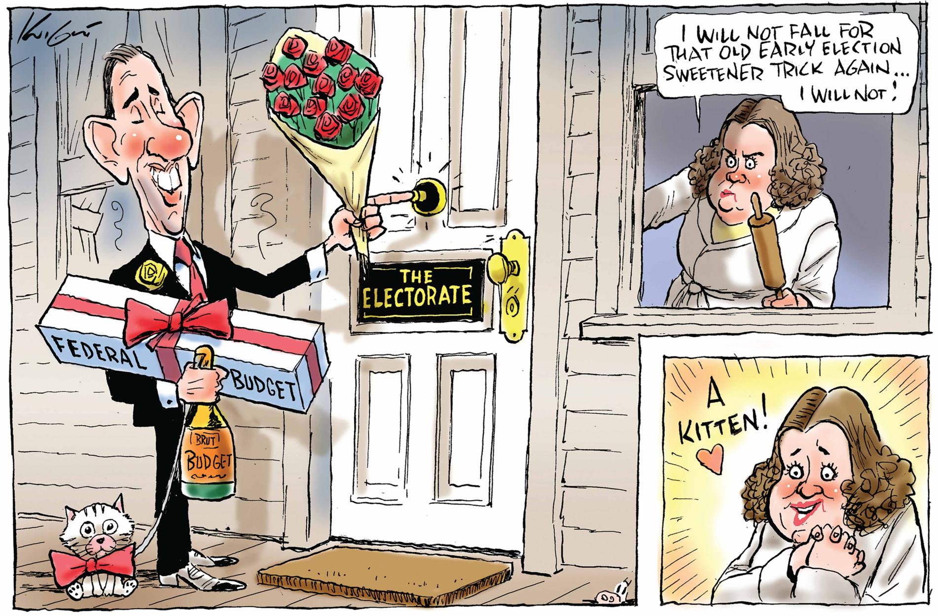 Treasurer Jim Chalmers knocks on the door of a woman in a dressing gown. He holds a ribbon-wrapped 'federal budget', roses, champagne, and a kitten. The woman says, 'I will not fall for that old early election sweetener trick again.. I will not'. In the bottom right a separate panel shows the woman looking lovingly downwards and exclaiming 'A kitten!' 