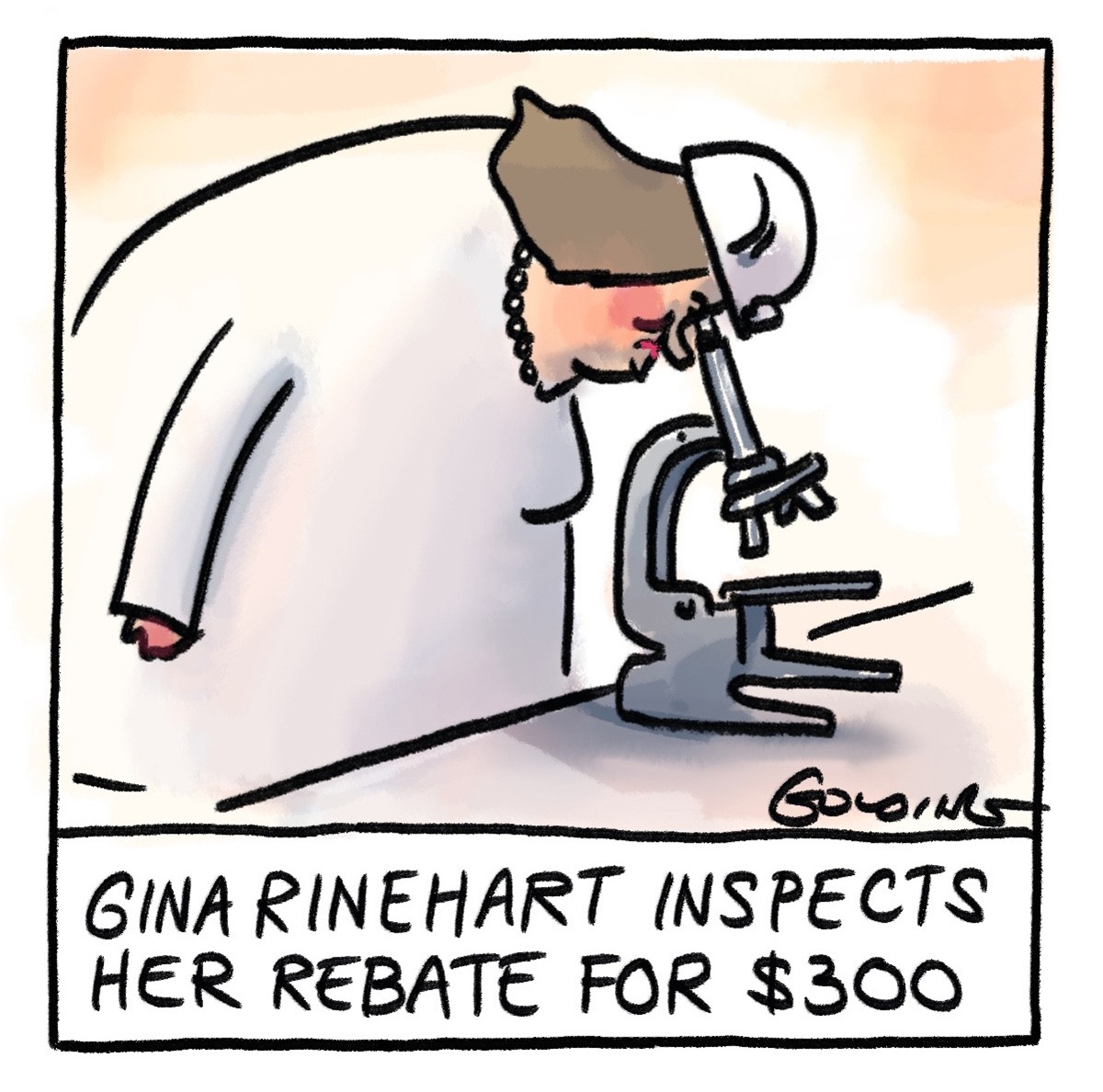 Text reads, 'Gina Rinehart inspects her rebate for $300.' Mining magnate Rinehart leans over a microscope. 