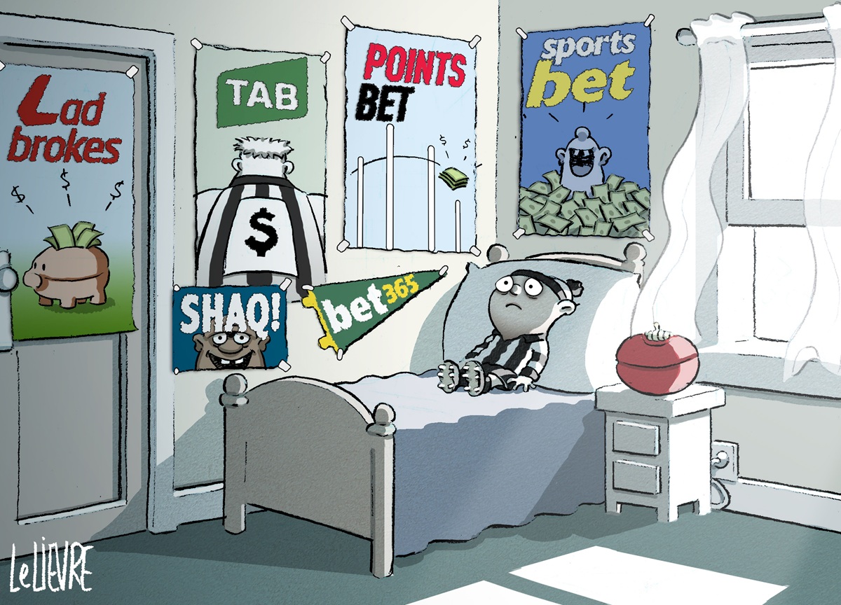 A young child in an AFL uniform lies in his bedroom, surrounded by posters from betting companies. 