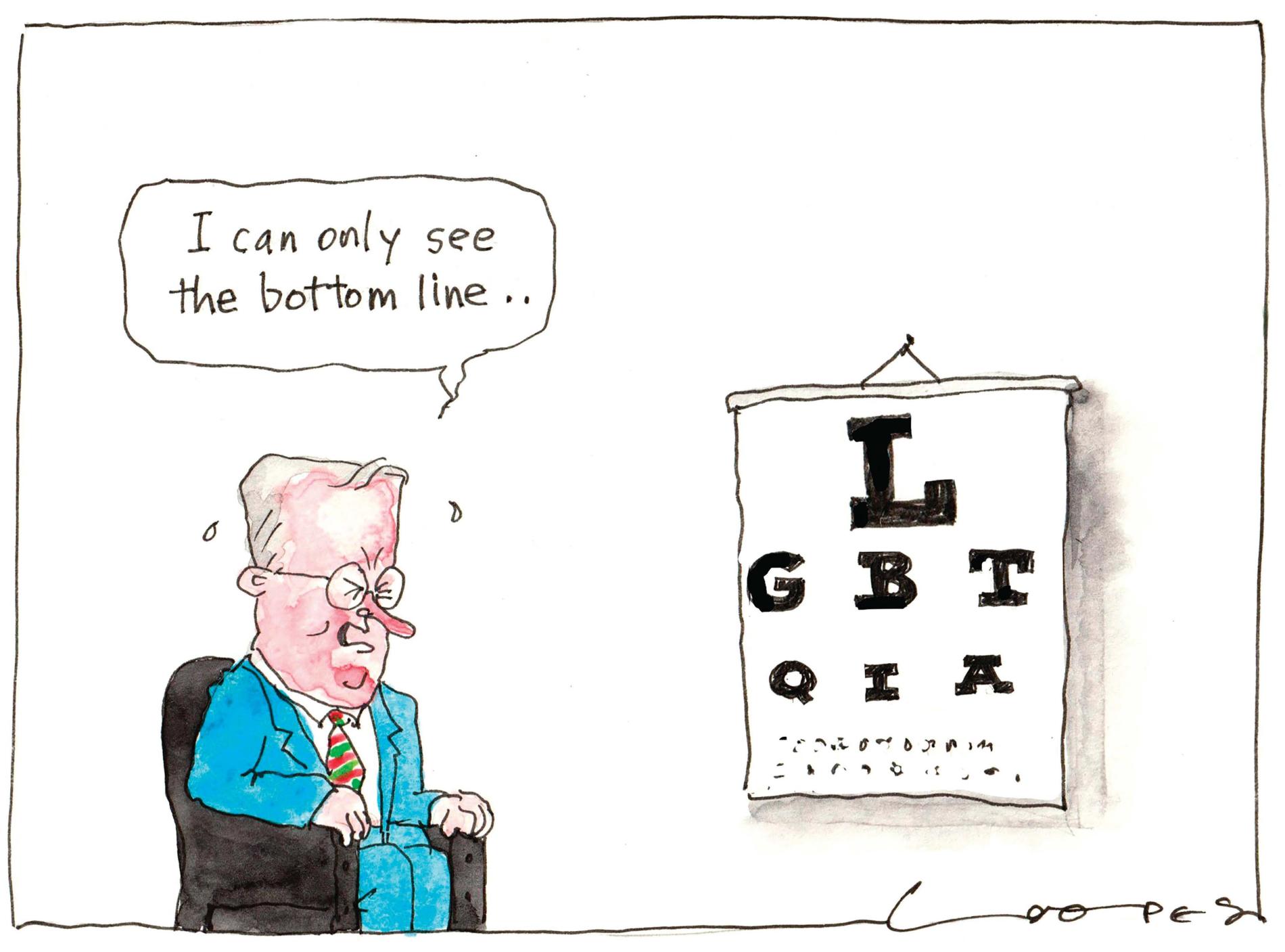 An eye-testing sign reads, 'L G B T Q I A', followed by scrawl. Prime Minister Anthony Albanese strains and says, 'I can only see the bottom line…' 