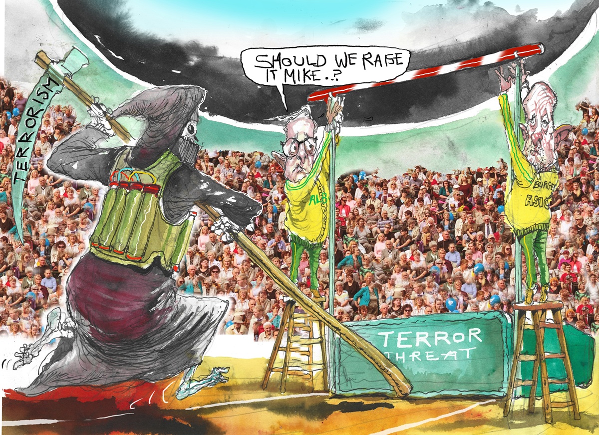 Prime Minister Anthony Albanese and ASIO chief Mike Burgess hold up the bar for a pole vaulting Grim Reaper with a bomb strapped to his back and a scythe labelled 'Terrorism.' The landing mat is labelled 'Terror threat'. Albanese says, 'Should we raise it Mike?' 