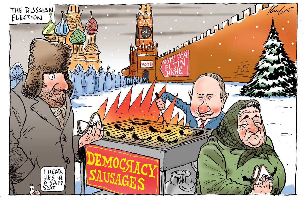 Text reads, 'The Russian Election.' Russian President Vladimir Putin runs a democracy sausage sizzle. 