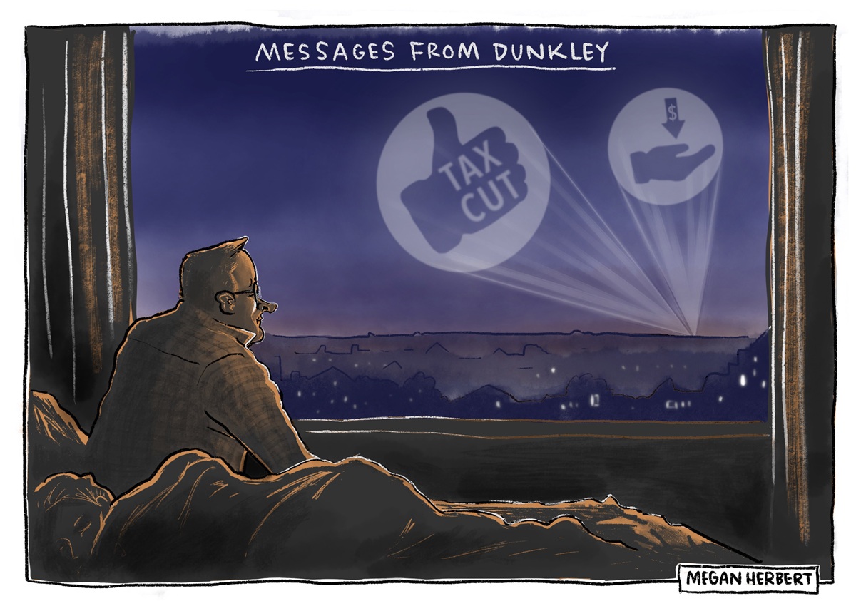 Text reads, 'Messages from Dunkley.' Prime Minister Anthony Albanese looks out on to the night sky, where bat-signal-like symbols show 'Tax cut' over a thumbs-up, and a picture of money going into a hand.    