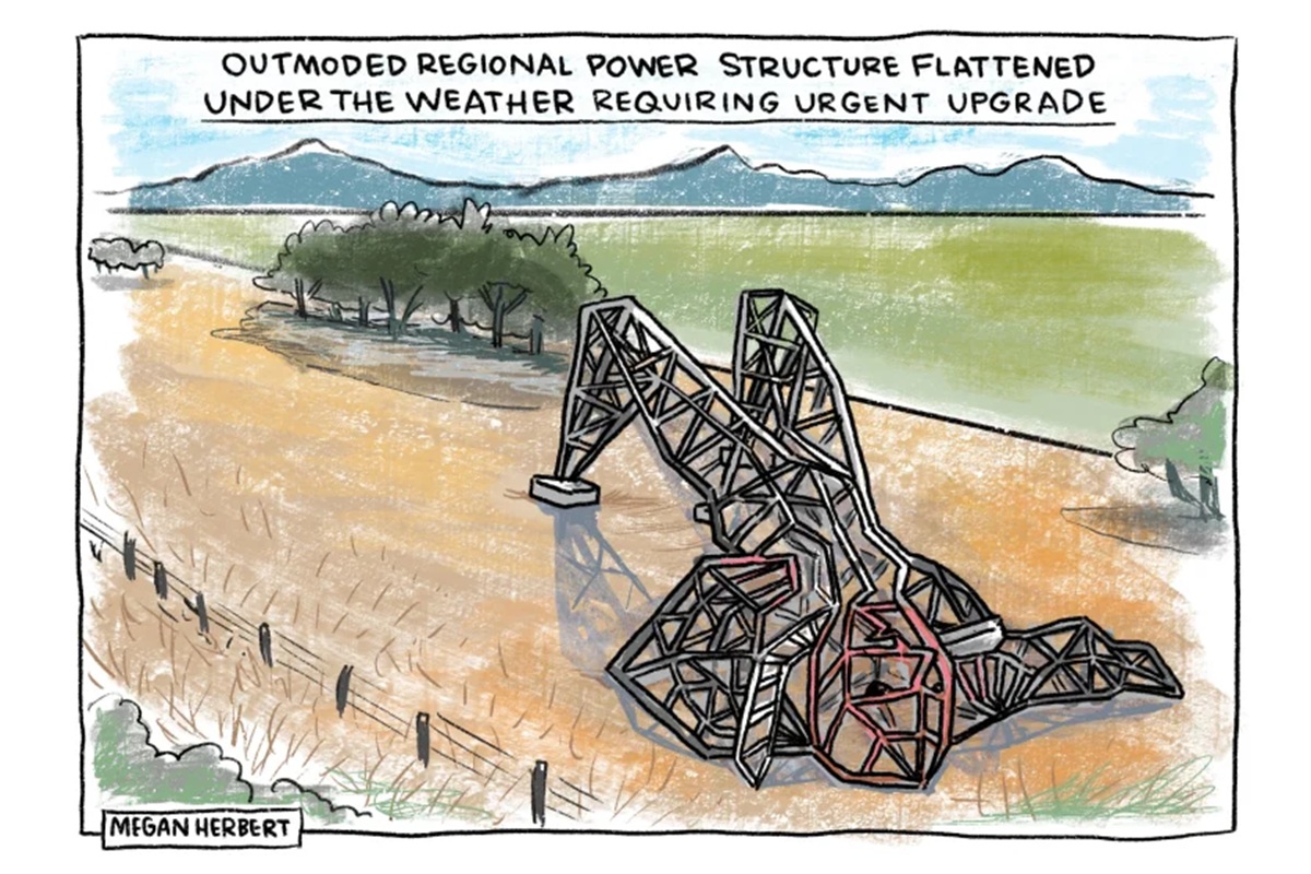 Transmission towers have fallen down in the shape of Nationals MP Barnaby Joyce lying on the ground. Text reads, 'Outmoded regional power structure flattened under the weather requiring urgent upgrade.' 