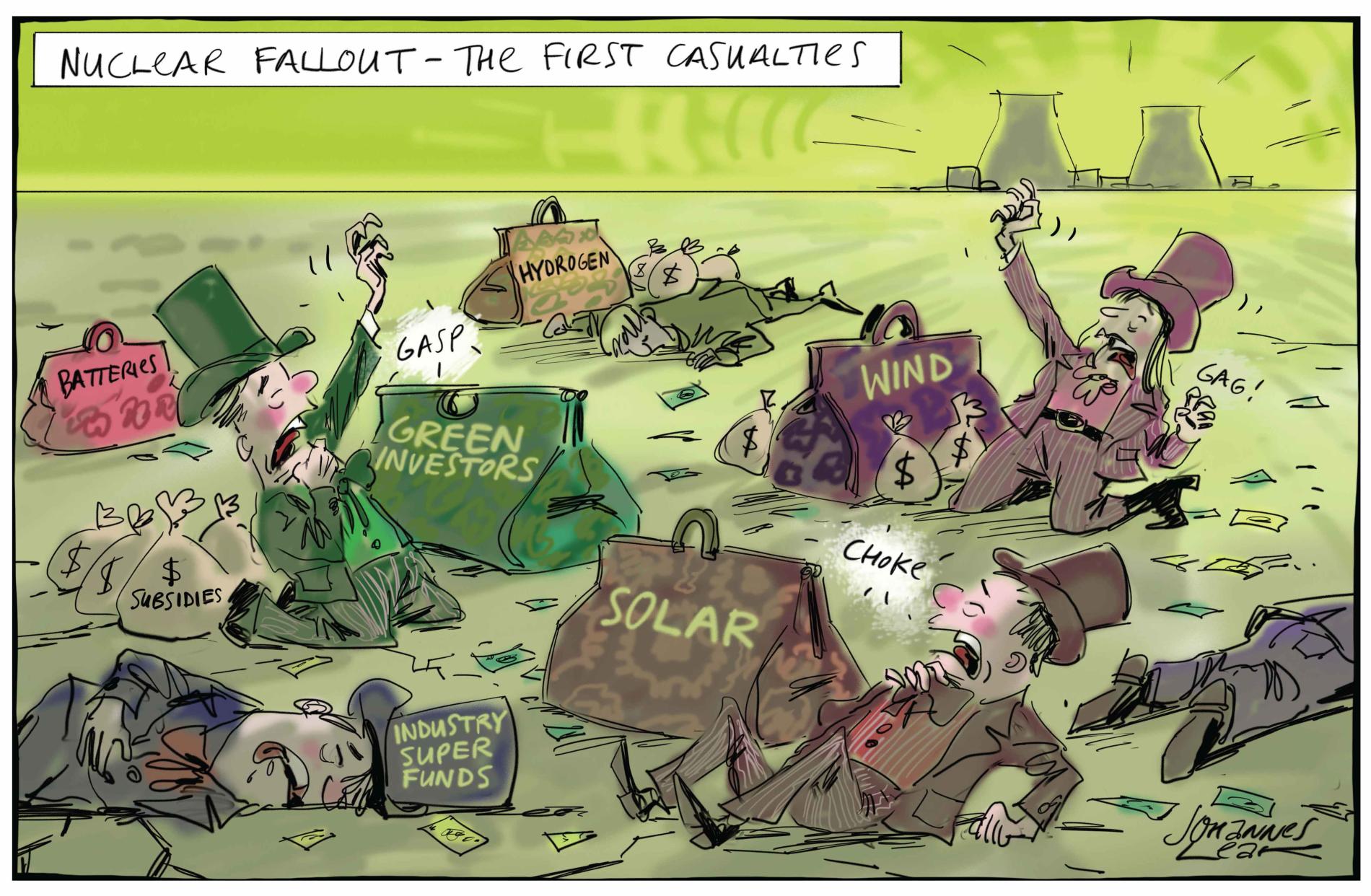 Text reads, 'Nuclear fallout – the first casualties.' People dressed in Victorian suits with bags labelled, 'Green investors,' 'Wind,' 'Solar,' 'Hydrogen,' and 'Batteries', are dying in a pale-yellow green landscape. 