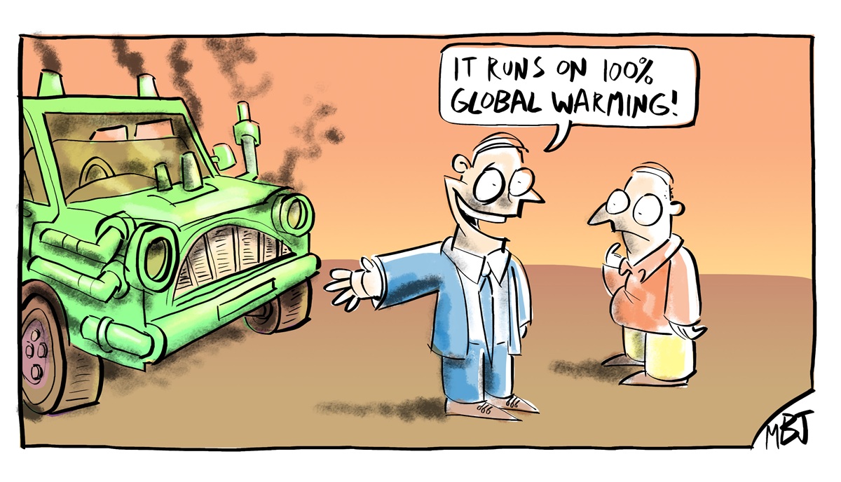 A politician points to a smoking green car and says, 'It runs on 100% global warming!' A man looks unsure. 