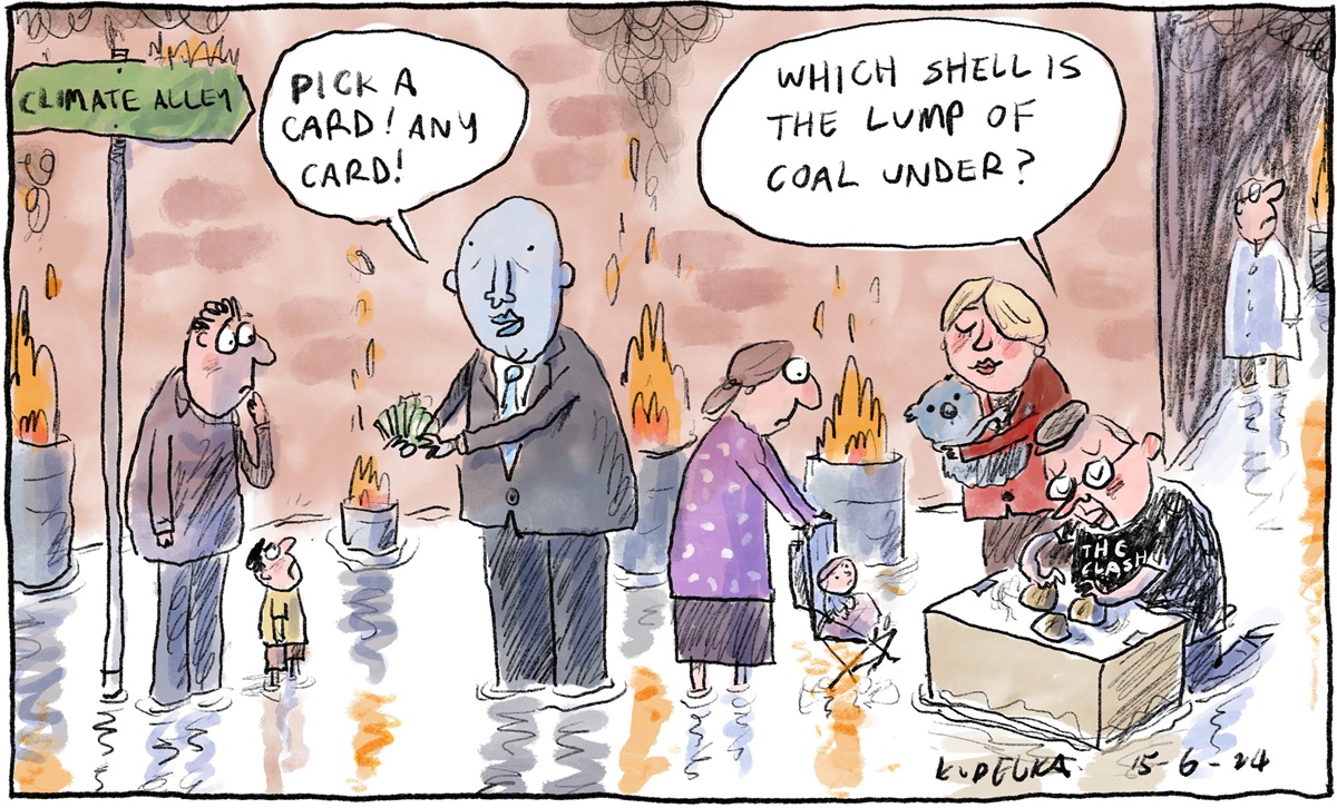 A street sign reads, 'Climate Alley.' In the middle of floods and fires, Opposition Leader Peter Dutton is trying to get people to pick a card, while Prime Minister Anthony Albanese engages people in 3-cup monte. Albanese says, 'Which shell is the lump of coal under?' 