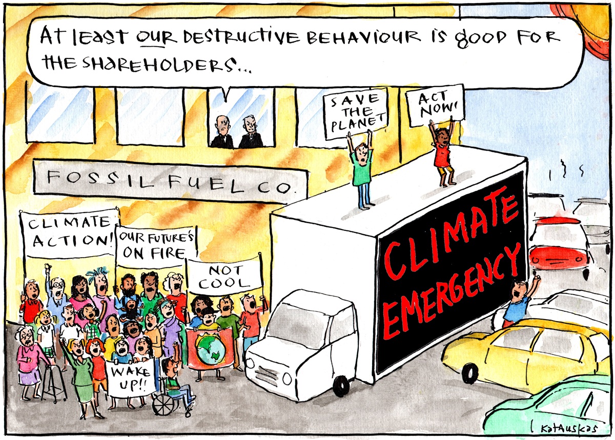 Two men in suits watch a climate protest. One of them says, 'At least our destructive behaviour is good for the shareholders.' 