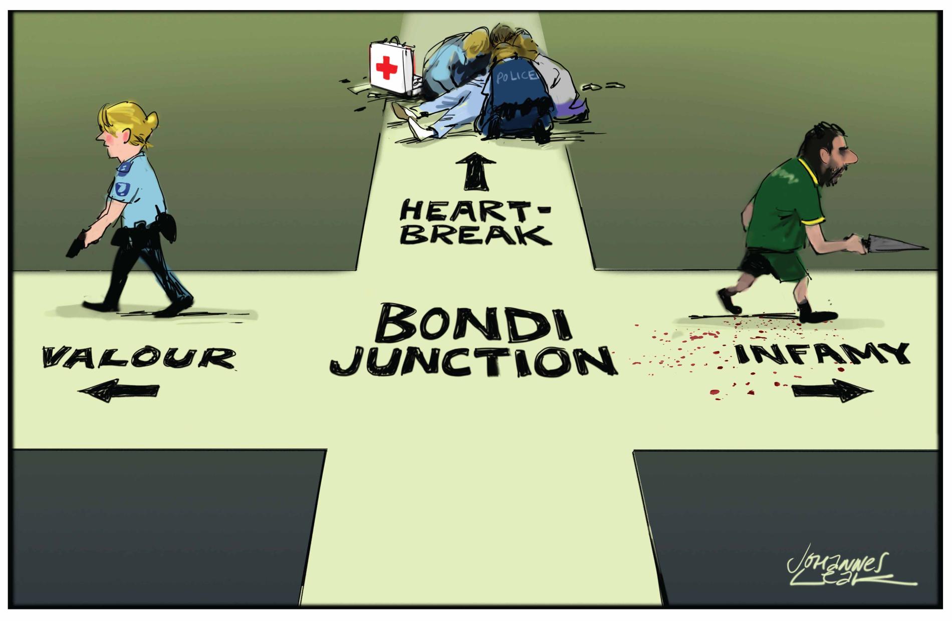 A crossing labelled 'Bondi Junction' has three paths: valour, with a policewoman holding a gun; heartbreak, with emergency staff trying to revive a patient; and infamy, with a man holding a bloody knife. 