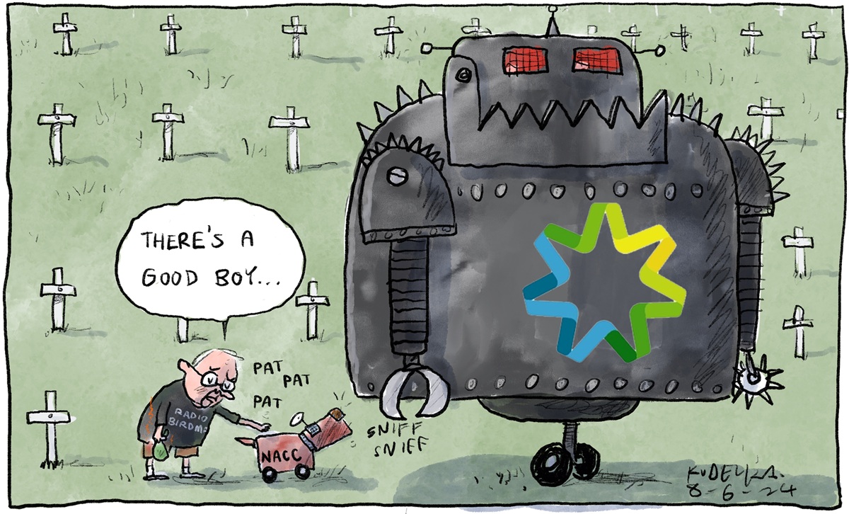 In a graveyard, Prime Minister Anthony Albanese pats a small dog labelled NACC, who is sniffing at the bottom of a much larger, angry-looking robot with the Centrelink logo on its chest. 