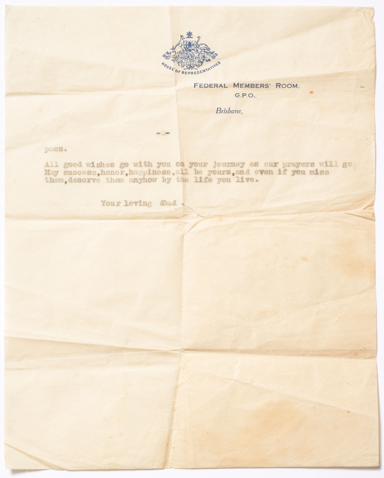 An old typewritten letter on aged paper from Earle Page to his son, wishing him well and signing off. A blue House of Representatives crest is at the top.