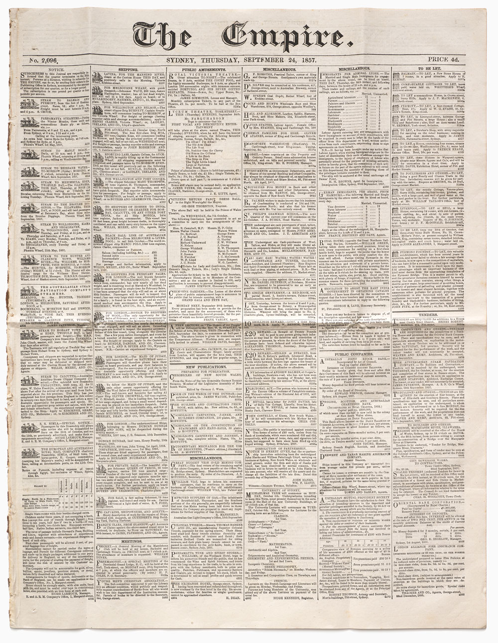 The front page of The Empire newspaper dated Thursday September 24, 1857.