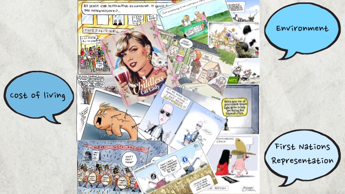 A collage of political cartoons including Taylor Swift as a 'childless cat lady' and others related to cost of living, the environment and First Nations representation. A collage of political cartoons including Taylor Swift as a 'childless cat lady' and others related to cost of living, the environment and First Nations representation.