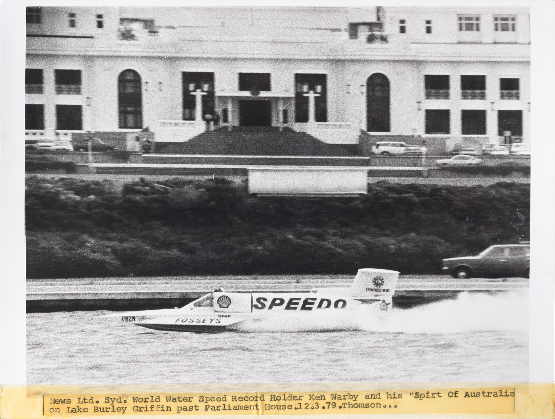 A speed boat on Lake Burley Griffin outside Parliament House. A speed boat on Lake Burley Griffin outside Parliament House.