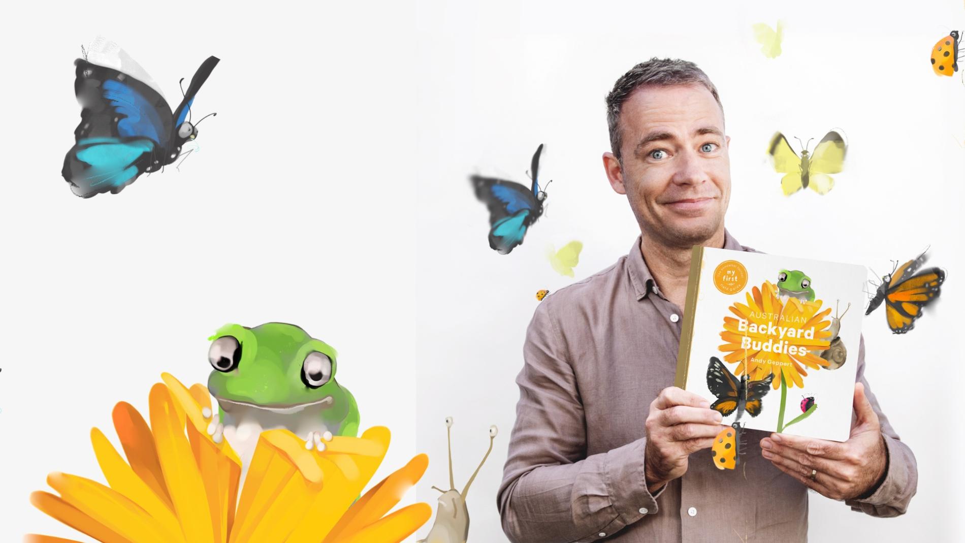 A man holds a book titled 'Backyard Buddies' against background illustrations of butterflies and a frog.