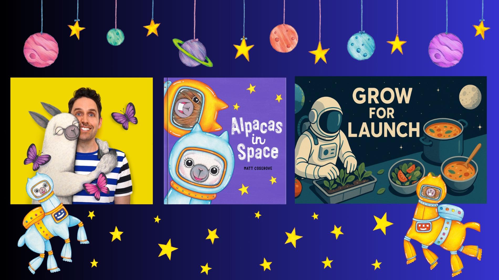 Book cover of Alpacas in Space along with a picture of the author, Matt Cosgrove, and other illustrations.