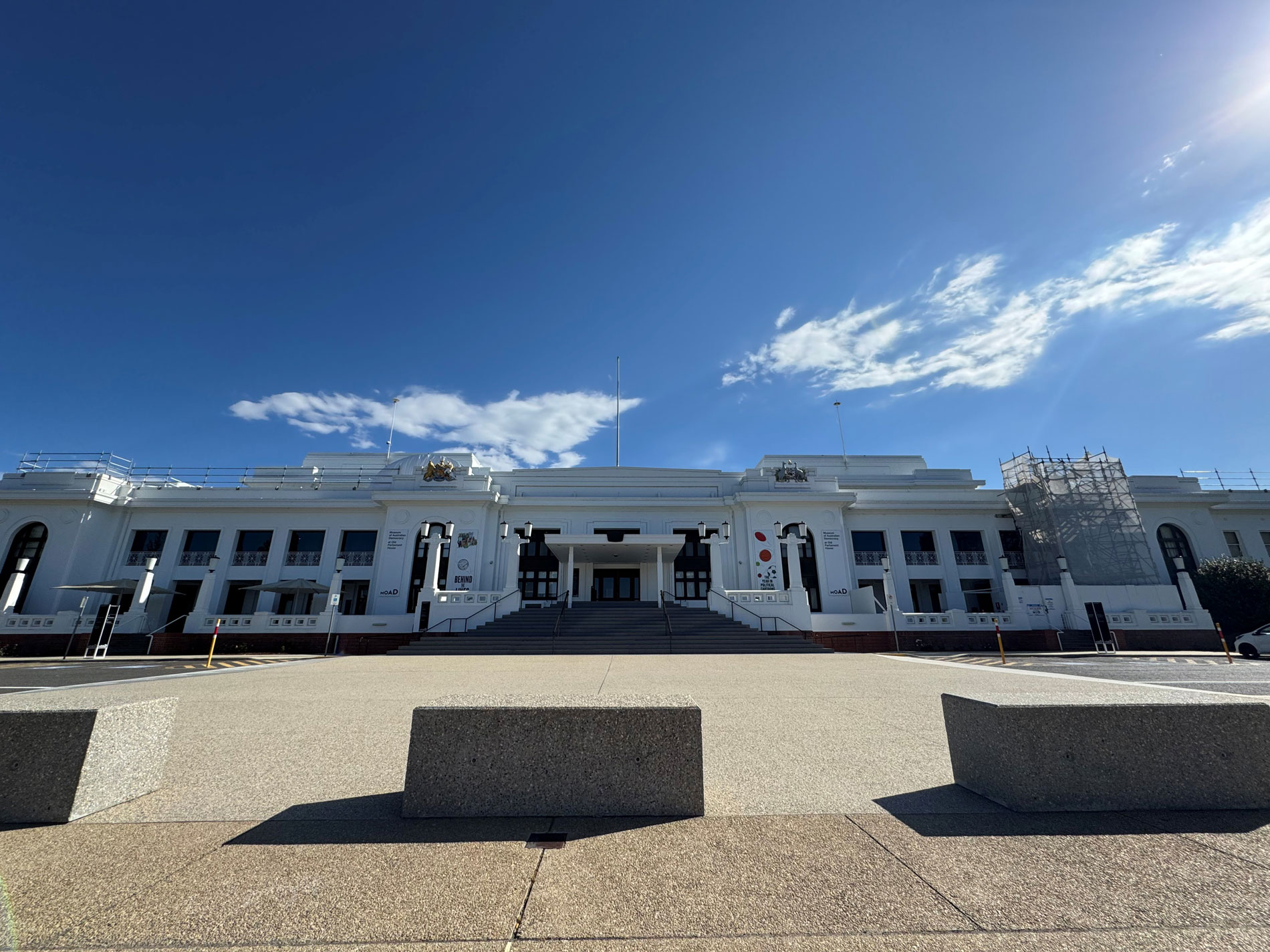 The front of Old Parliament House in Canberra with scaffolding on the right of the buildling. The front of Old Parliament House in Canberra with scaffolding on the right of the buildling.