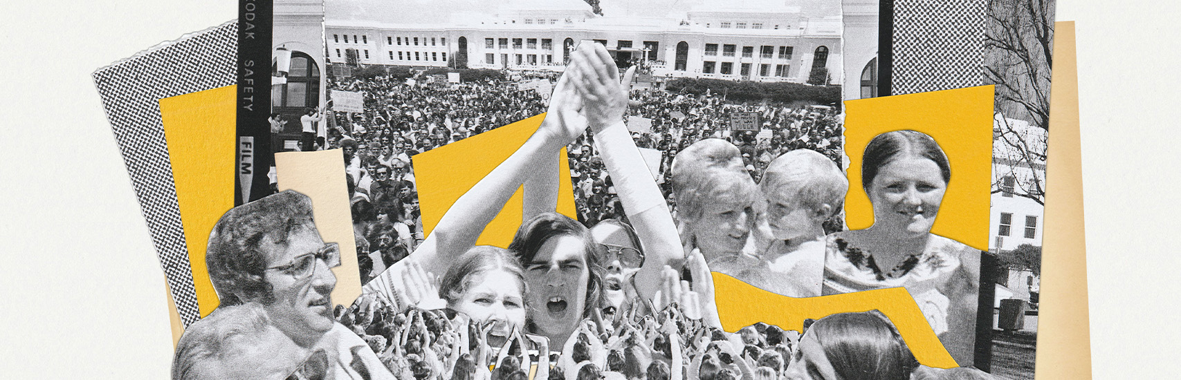 A collage of crowds outside Old Parliament House protesting.
