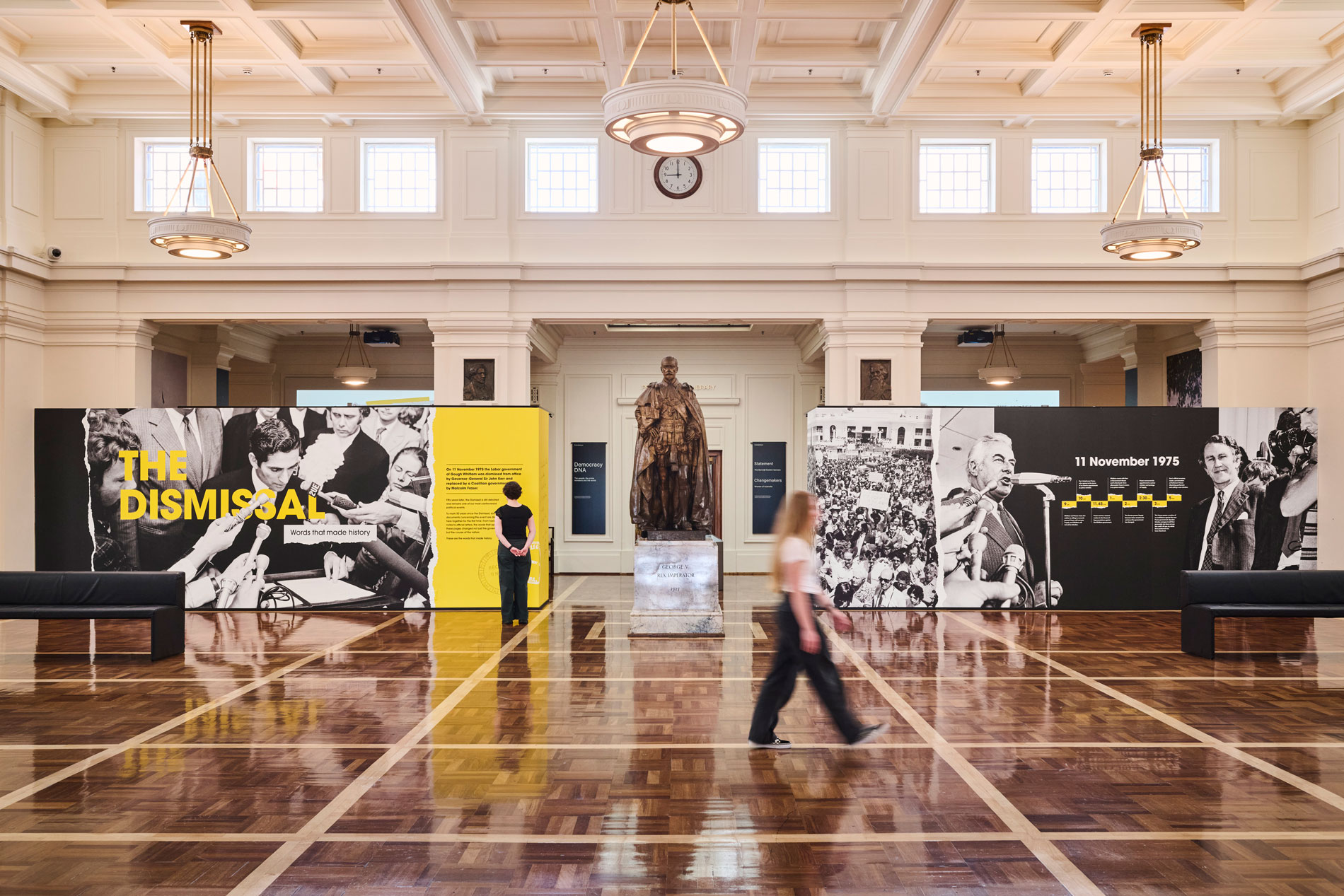 A wide shot of an exhibition about the 1975 dismissal in King's Hall in Old Parliament House.