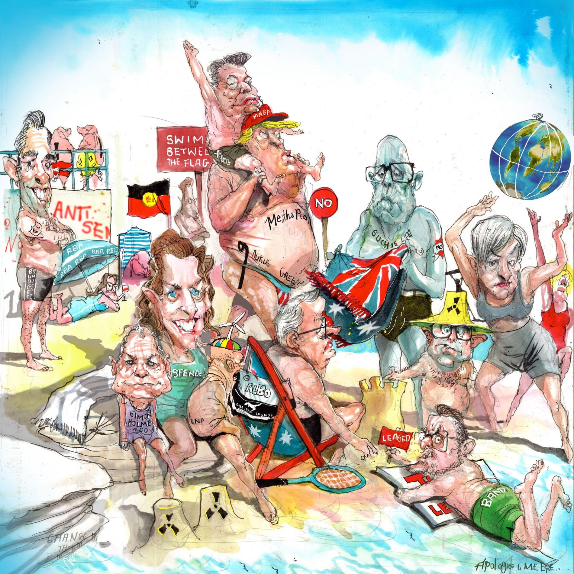 Various Australian politicians spend time at the beach. US President Donald Trump carries Elon Musk on his shoulders. 