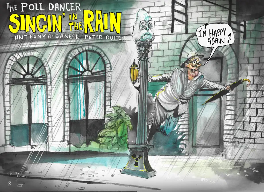 In a rendition of 'Singing in the Rain,' PM Anthony Albanese swings around a lamppost decorated with former Liberal leader Peter Dutton's head. Albanese sings, 'I'm happy again.'