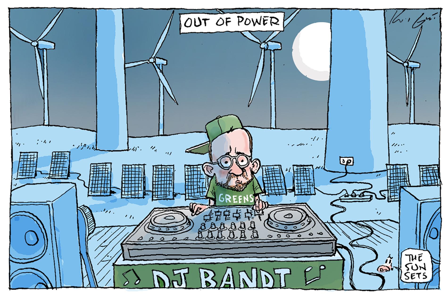 Former Greens leader Adam Bandt tries to DJ using solar and wind power. The title reads, 'Out of power.' 
