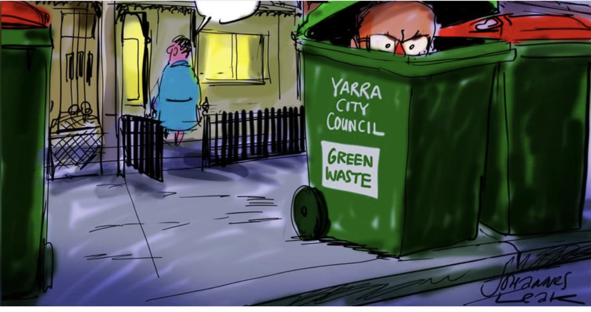 A man puts his green waste bin outside, with former a man in it. 